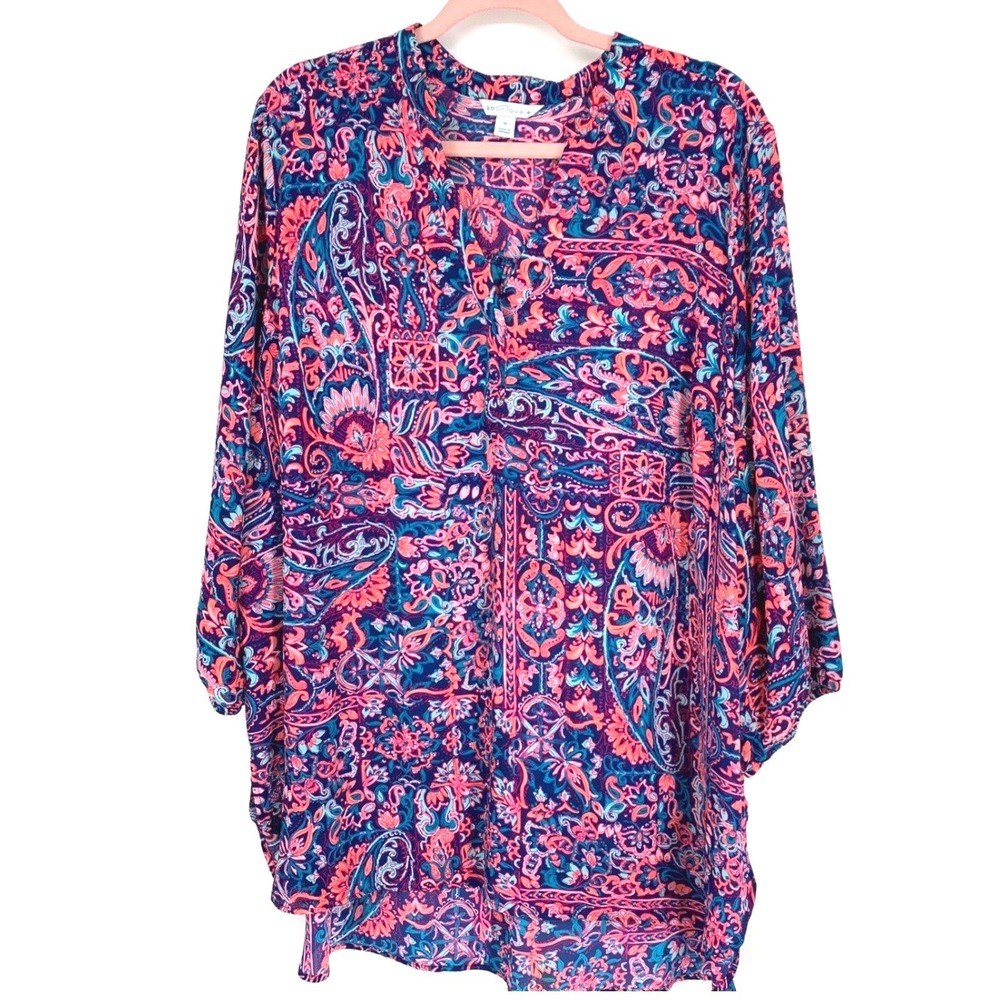 Boutique + Womens 1X Paisley Floral Split Neck 3/4 Sleeve Tunic Blouse Navy Pink